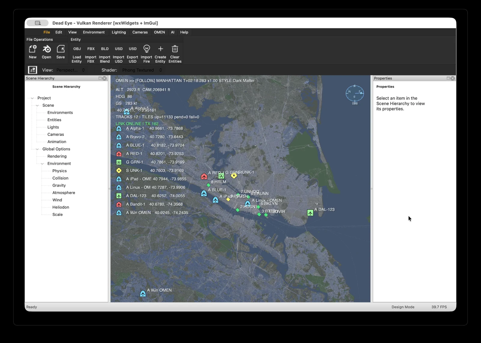The DeadEye&trade; Vulkan renderer displaying live tracks over streamed Manhattan terrain